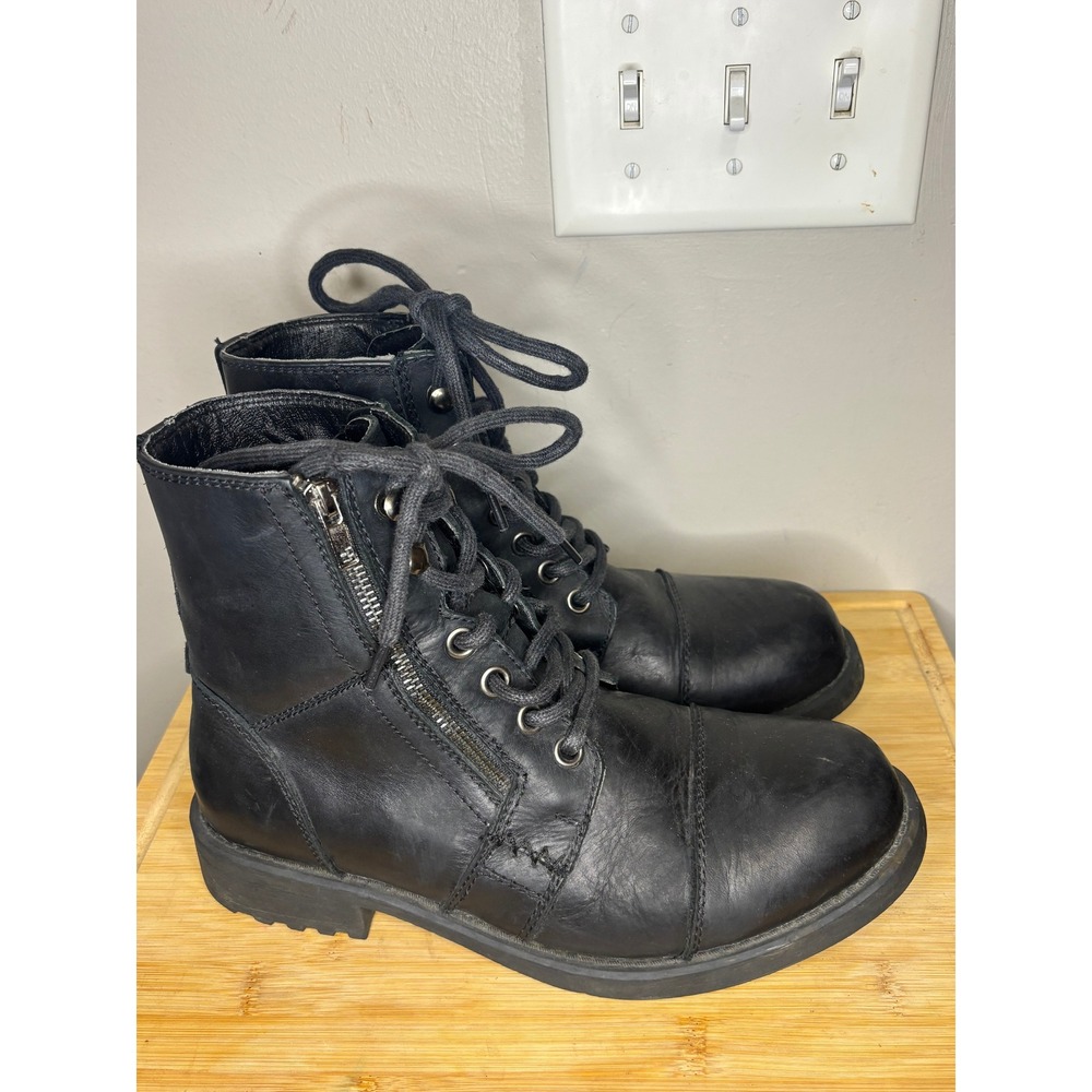 GBX Mens Black Leather Lace Up Side Zip Cap Toe Combat Boots 00558907 Size 9M
